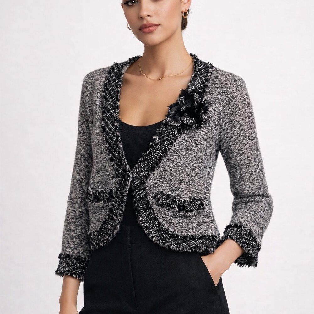 White House Black Market XS Shimmer Knit Tweed Fringe Trim Cardigan Sweater WHBM